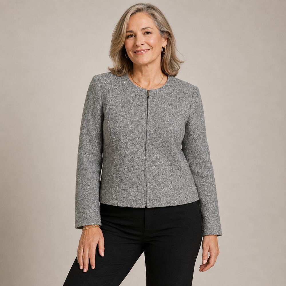 Talbots Wool Blend Jacket Womens 10 Gray Full Zip Collarless Career Quiet Luxury